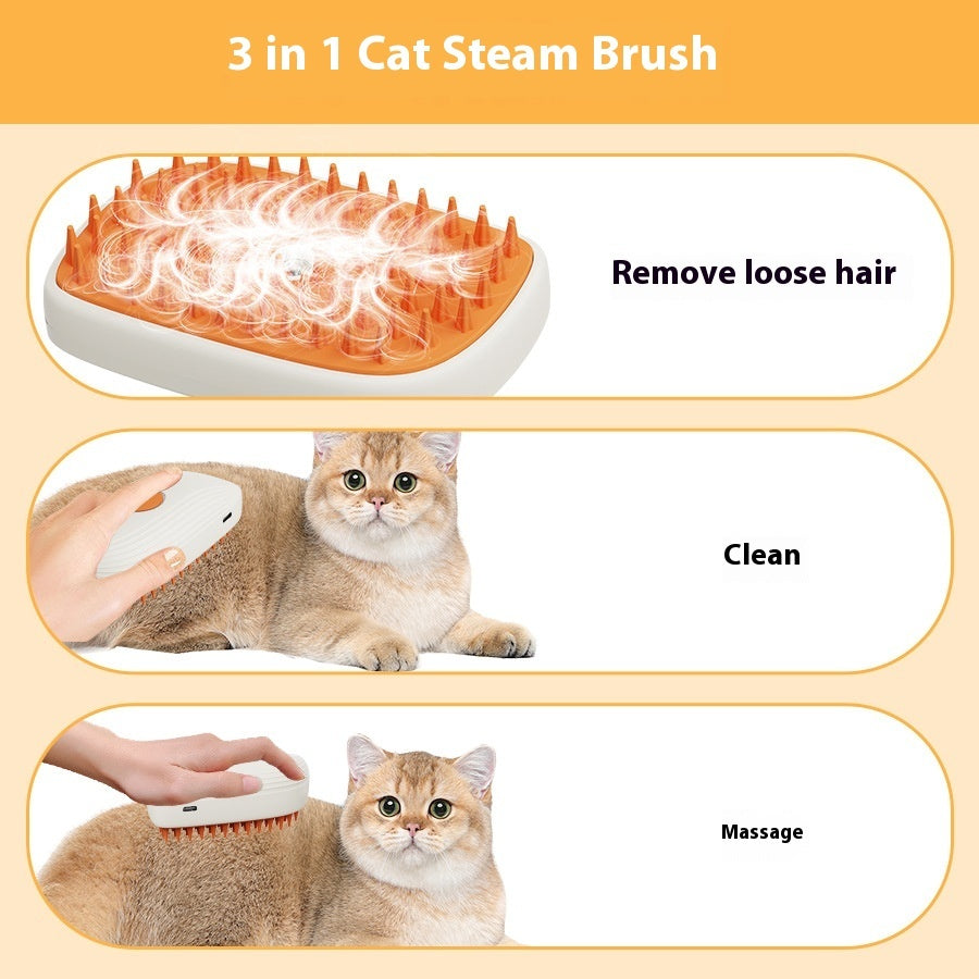 3-in-1 cat steam brush with illustrations of its uses on a beige background