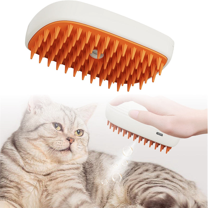 Pet grooming brush with orange bristles being used on a cat