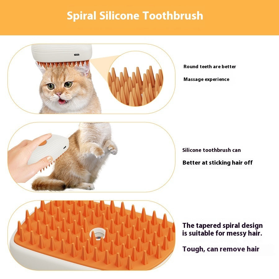 Spiral silicone toothbrush for pets with images of a cat using it and text highlighting features.