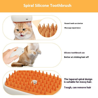 Spiral silicone toothbrush for pets with images of a cat using it and text highlighting features.