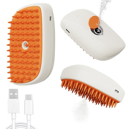 Grooming brush with orange bristles and white handle, USB cable on a white background
